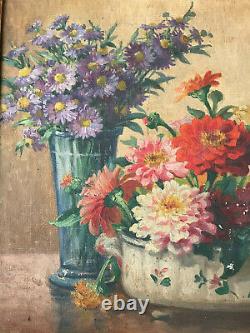 Oil Painting On Canvas Still Life Flower Bouquet Antique Painting Signed