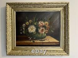 Oil Painting On Old Canvas Bouquet Du XIX Eme Signed Marey Nature Morte