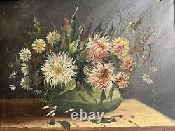 Oil Painting On Old Canvas Bouquet Du XIX Eme Signed Marey Nature Morte