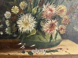 Oil Painting On Old Canvas Bouquet Du XIX Eme Signed Marey Nature Morte