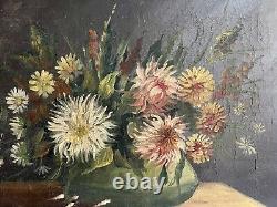 Oil Painting On Old Canvas Bouquet Du XIX Eme Signed Marey Nature Morte