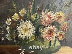 Oil Painting On Old Canvas Bouquet Du XIX Eme Signed Marey Nature Morte