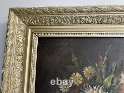 Oil Painting On Old Canvas Bouquet Du XIX Eme Signed Marey Nature Morte