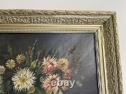 Oil Painting On Old Canvas Bouquet Du XIX Eme Signed Marey Nature Morte