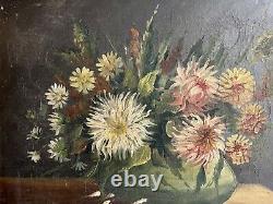Oil Painting On Old Canvas Bouquet Du XIX Eme Signed Marey Nature Morte