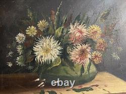 Oil Painting On Old Canvas Bouquet Du XIX Eme Signed Marey Nature Morte