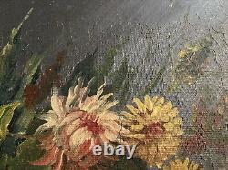 Oil Painting On Old Canvas Bouquet Du XIX Eme Signed Marey Nature Morte