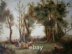 Oil Painting On Toile 10f Decor Bacchanals Faune Scene Fete St 18°s Ancien