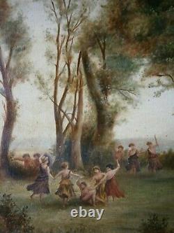 Oil Painting On Toile 10f Decor Bacchanals Faune Scene Fete St 18°s Ancien