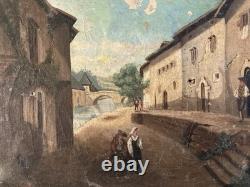Oil Painting on Canvas, 19th-Century Village, 1850 Mountain, Antique Romantic Painting