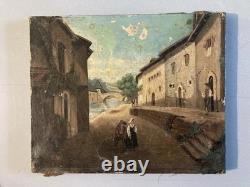 Oil Painting on Canvas, 19th-Century Village, 1850 Mountain, Antique Romantic Painting