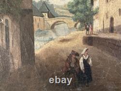Oil Painting on Canvas, 19th-Century Village, 1850 Mountain, Antique Romantic Painting