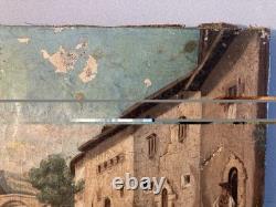 Oil Painting on Canvas, 19th-Century Village, 1850 Mountain, Antique Romantic Painting