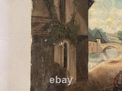 Oil Painting on Canvas, 19th-Century Village, 1850 Mountain, Antique Romantic Painting
