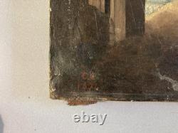 Oil Painting on Canvas, 19th-Century Village, 1850 Mountain, Antique Romantic Painting