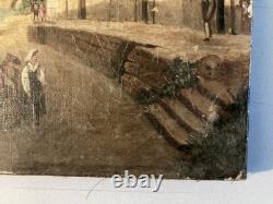 Oil Painting on Canvas, 19th-Century Village, 1850 Mountain, Antique Romantic Painting