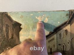 Oil Painting on Canvas, 19th-Century Village, 1850 Mountain, Antique Romantic Painting