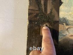 Oil Painting on Canvas, 19th-Century Village, 1850 Mountain, Antique Romantic Painting