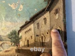 Oil Painting on Canvas, 19th-Century Village, 1850 Mountain, Antique Romantic Painting
