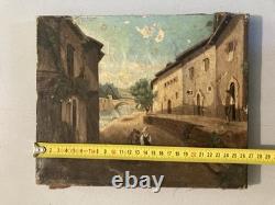 Oil Painting on Canvas, 19th-Century Village, 1850 Mountain, Antique Romantic Painting