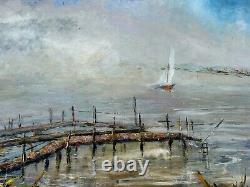 Oil Painting on Canvas Old Painting CYTERE Marine Boat Sail ADOUR