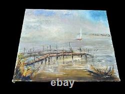 Oil Painting on Canvas Old Painting CYTERE Marine Boat Sail ADOUR