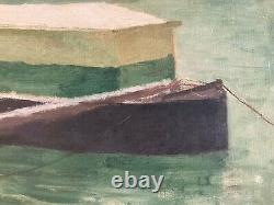 Oil Painting on Canvas Paris Seine Barge Old Studio Robert Santerne 1950
