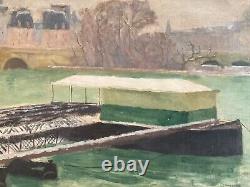 Oil Painting on Canvas Paris Seine Barge Old Workshop Robert Santerne 1950