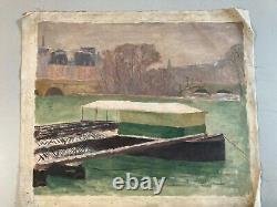 Oil Painting on Canvas Paris Seine Barge Old Workshop Robert Santerne 1950