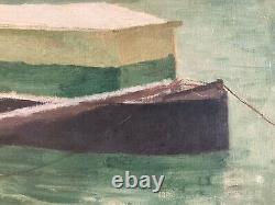 Oil Painting on Canvas Paris Seine Barge Old Workshop Robert Santerne 1950