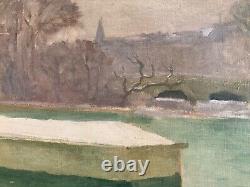 Oil Painting on Canvas Paris Seine Barge Old Workshop Robert Santerne 1950