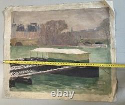 Oil Painting on Canvas Paris Seine Barge Old Workshop Robert Santerne 1950