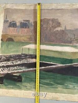 Oil Painting on Canvas Paris Seine Barge Old Workshop Robert Santerne 1950