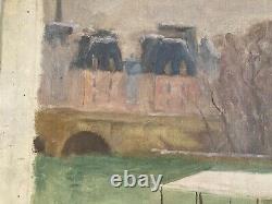 Oil Painting on Canvas: Paris Seine Barge Old Workshop by Robert Santerne 1950