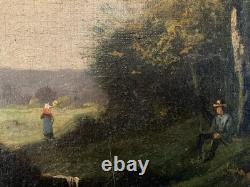 Oil Painting on Canvas Peasant 1850 To Identify Landscape 19th Century Ancient Art