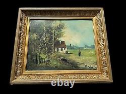Oil Painting on Canvas in Old Style Barbizon School with Gold Gilt Frame Moldings