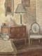 Oil Painting On Cardboard 1920 Interior Antique Furniture Old Original Painting Old