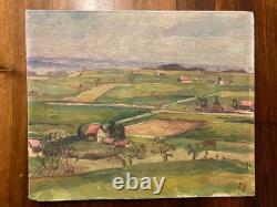 Oil Painting on Panel, 1950, Village, German Expressionist School, Antique