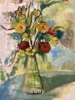 Oil Painting on Paper, 1960, Expressionist Flower Bouquet, Antique Art