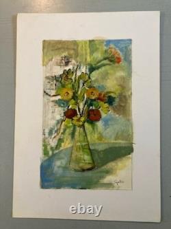Oil Painting on Paper, 1960, Expressionist Flower Bouquet, Antique Art