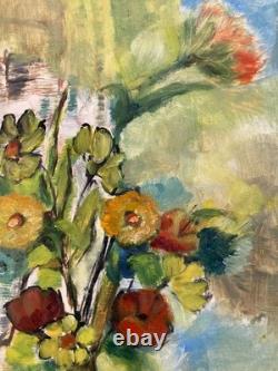 Oil Painting on Paper, 1960, Expressionist Flower Bouquet, Antique Art