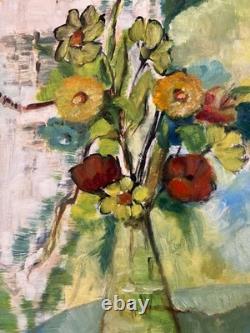 Oil Painting on Paper, 1960, Expressionist Flower Bouquet, Antique Art