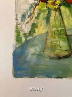Oil Painting on Paper, 1960, Expressionist Flower Bouquet, Antique Art