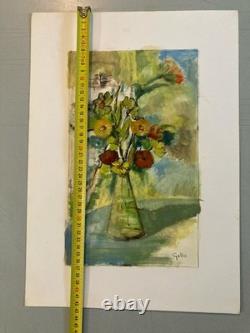 Oil Painting on Paper, 1960, Expressionist Flower Bouquet, Antique Art