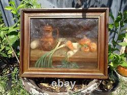 Oil on Canvas, Antique 19th Century Still Life with Vegetables