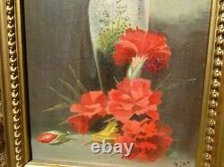 Oil on Canvas, Antique Still Life with Flowers Carnations 19th Century