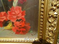 Oil on Canvas, Antique Still Life with Flowers Carnations 19th Century