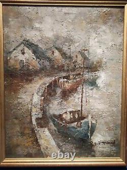 Oil on Canvas BARTON Boat at Dock Painting 37x46cm. Ancient