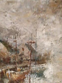 Oil on Canvas BARTON Boat at Dock Painting 37x46cm. Ancient