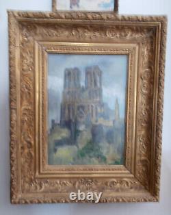 Oil on Canvas Reims Cathedral Under The Bombs Old Golden Wood Frame